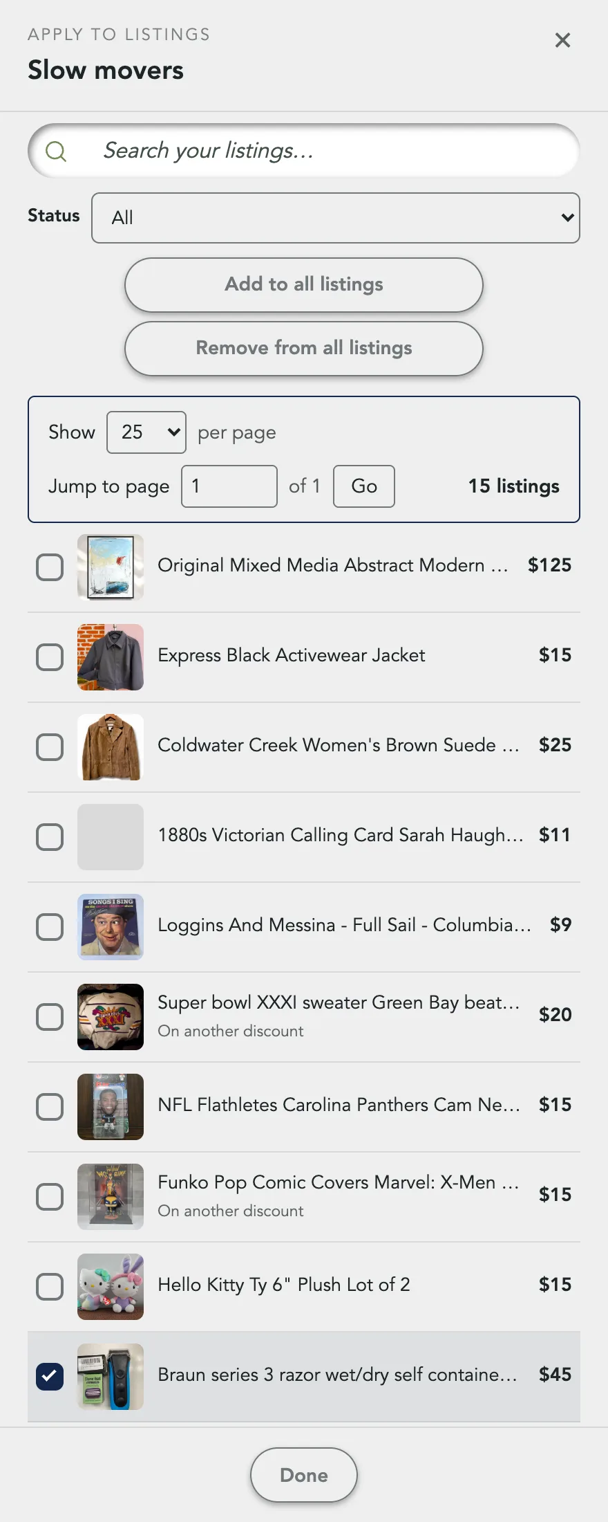 The Listings panel for the Slow movers timed discount, with On another discount under the listings Clearance markdown holds
