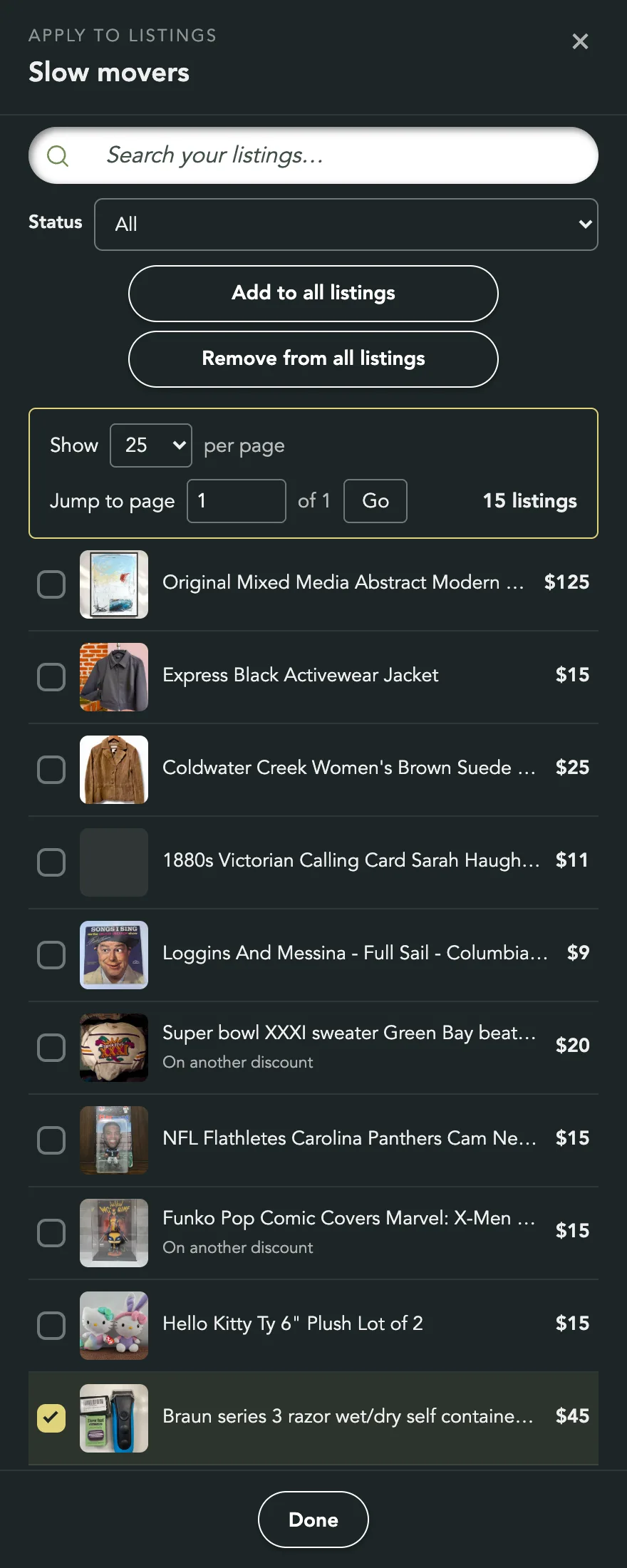 The Listings panel for the Slow movers timed discount, with On another discount under the listings Clearance markdown holds