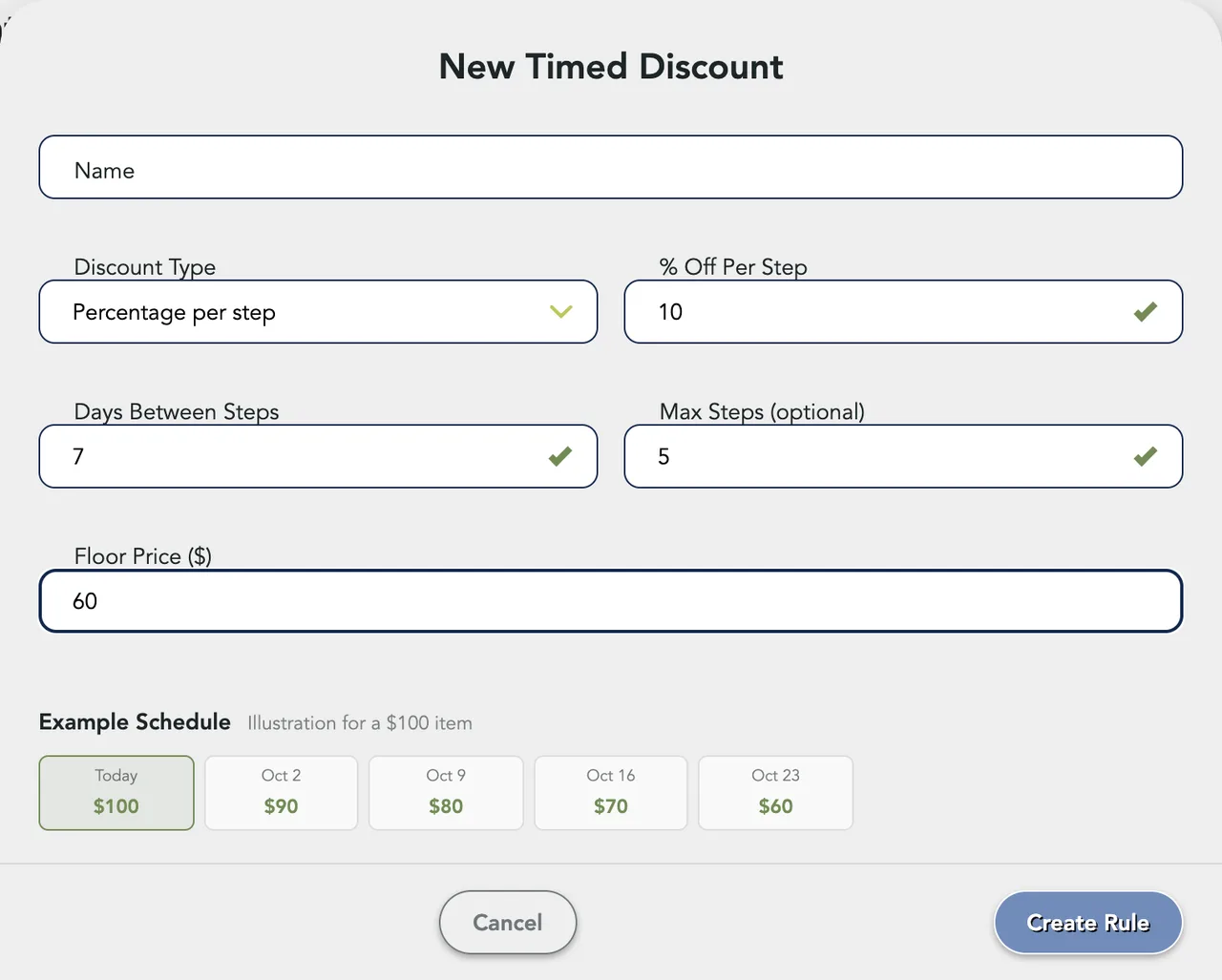 The New Timed Discount form: 10% per step, 7 days between steps, 5 max steps, a $60 floor, and the Example Schedule from $100 down