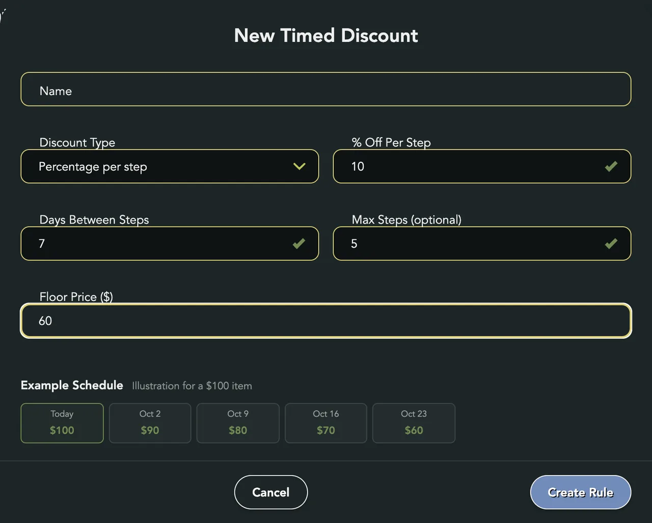 The New Timed Discount form: 10% per step, 7 days between steps, 5 max steps, a $60 floor, and the Example Schedule from $100 down