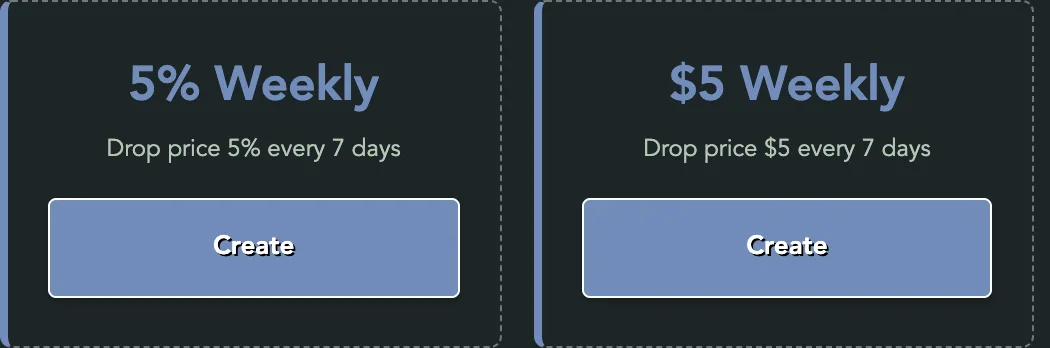 The timed discount presets: 5% Weekly and $5 Weekly, each with a Create button