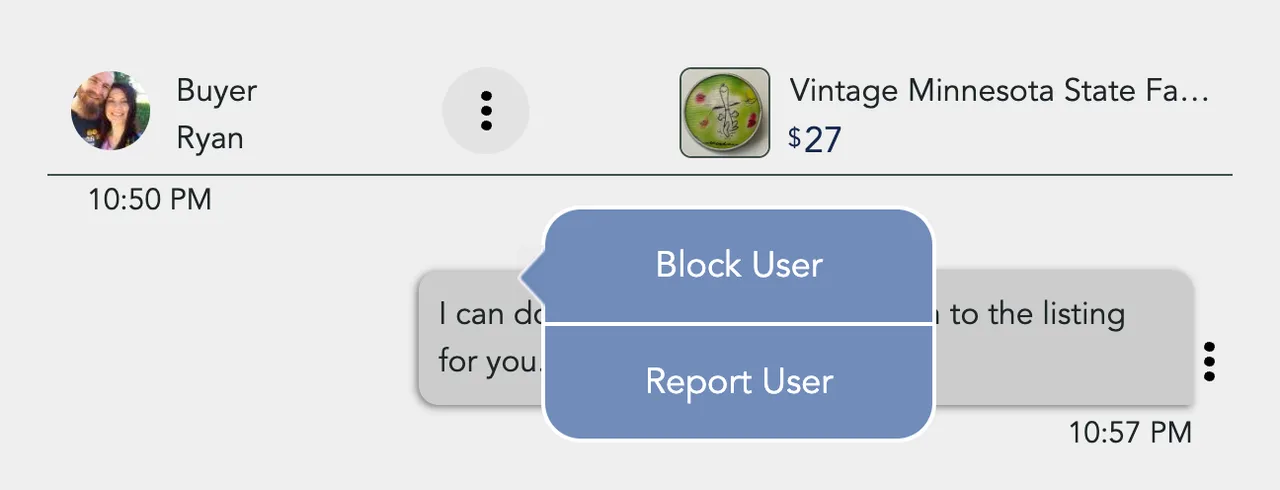 The person's menu in a conversation, with Block User and Report User