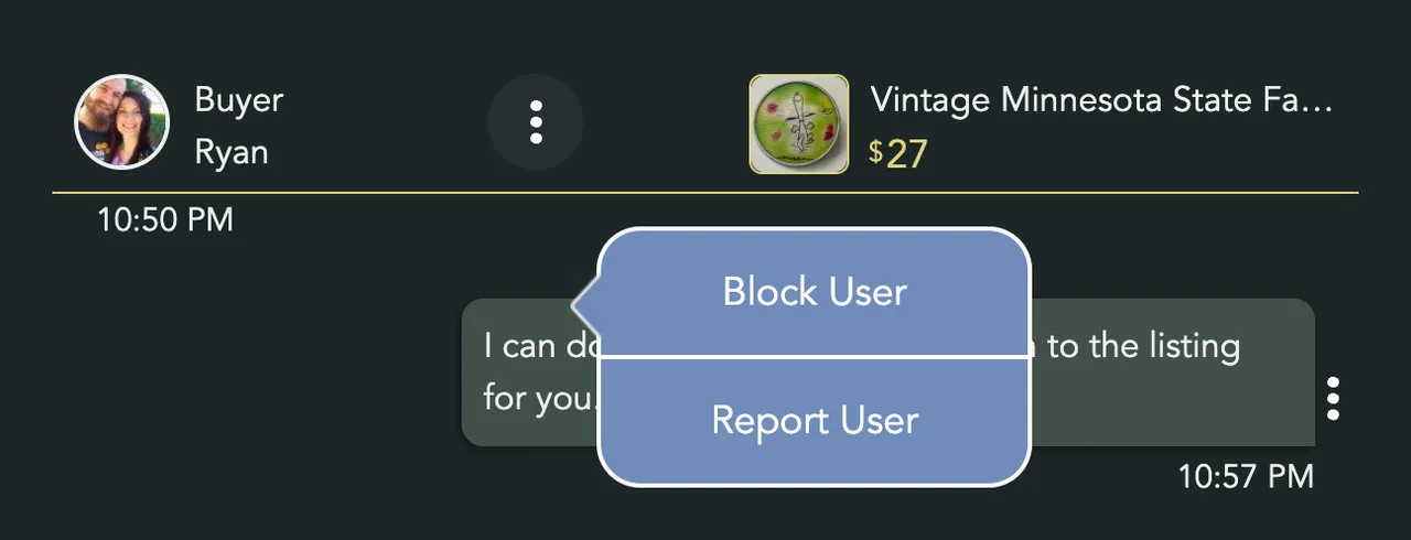 The person's menu in a conversation, with Block User and Report User