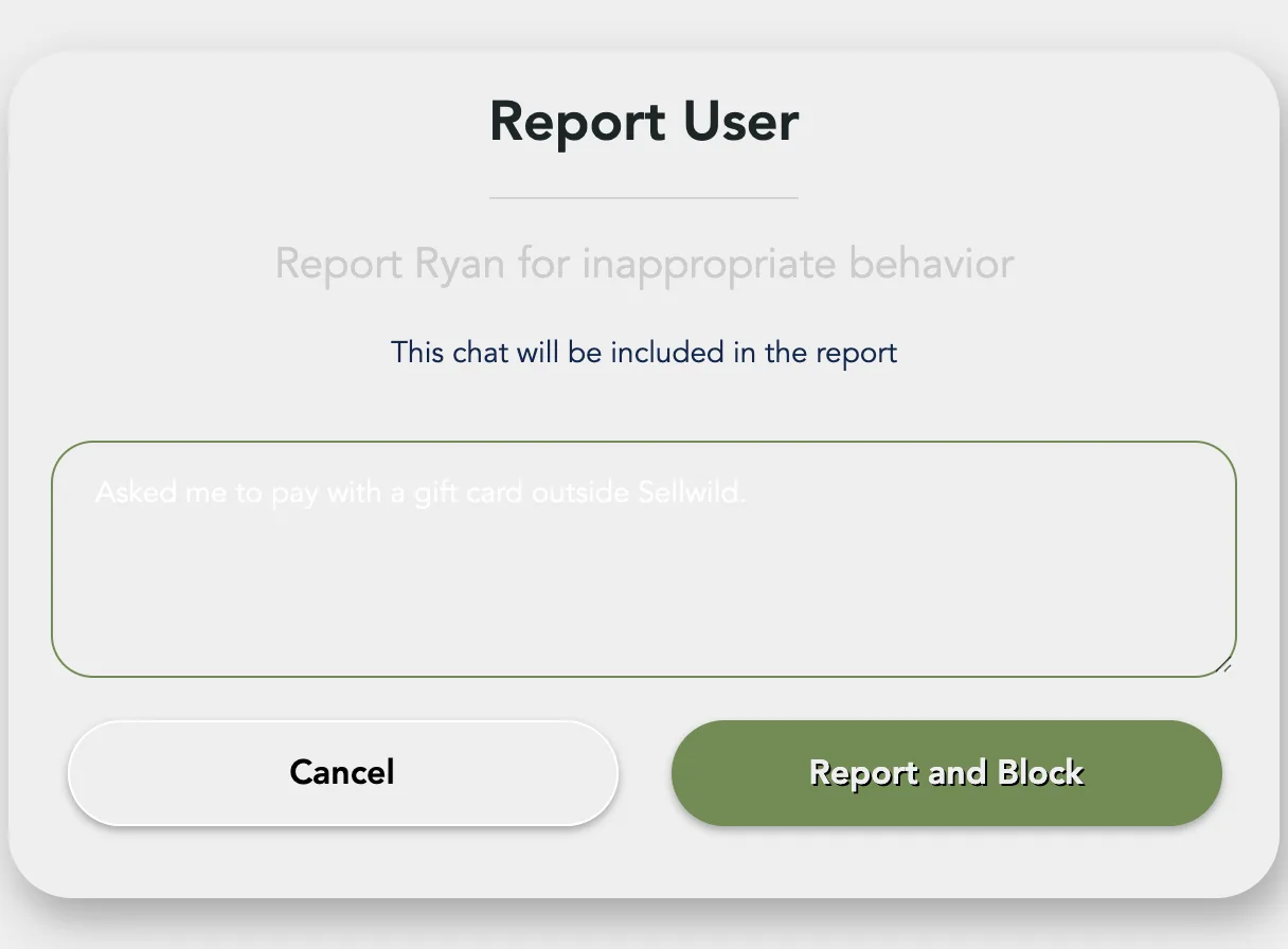 The Report User window with the issue typed in and the Report and Block button