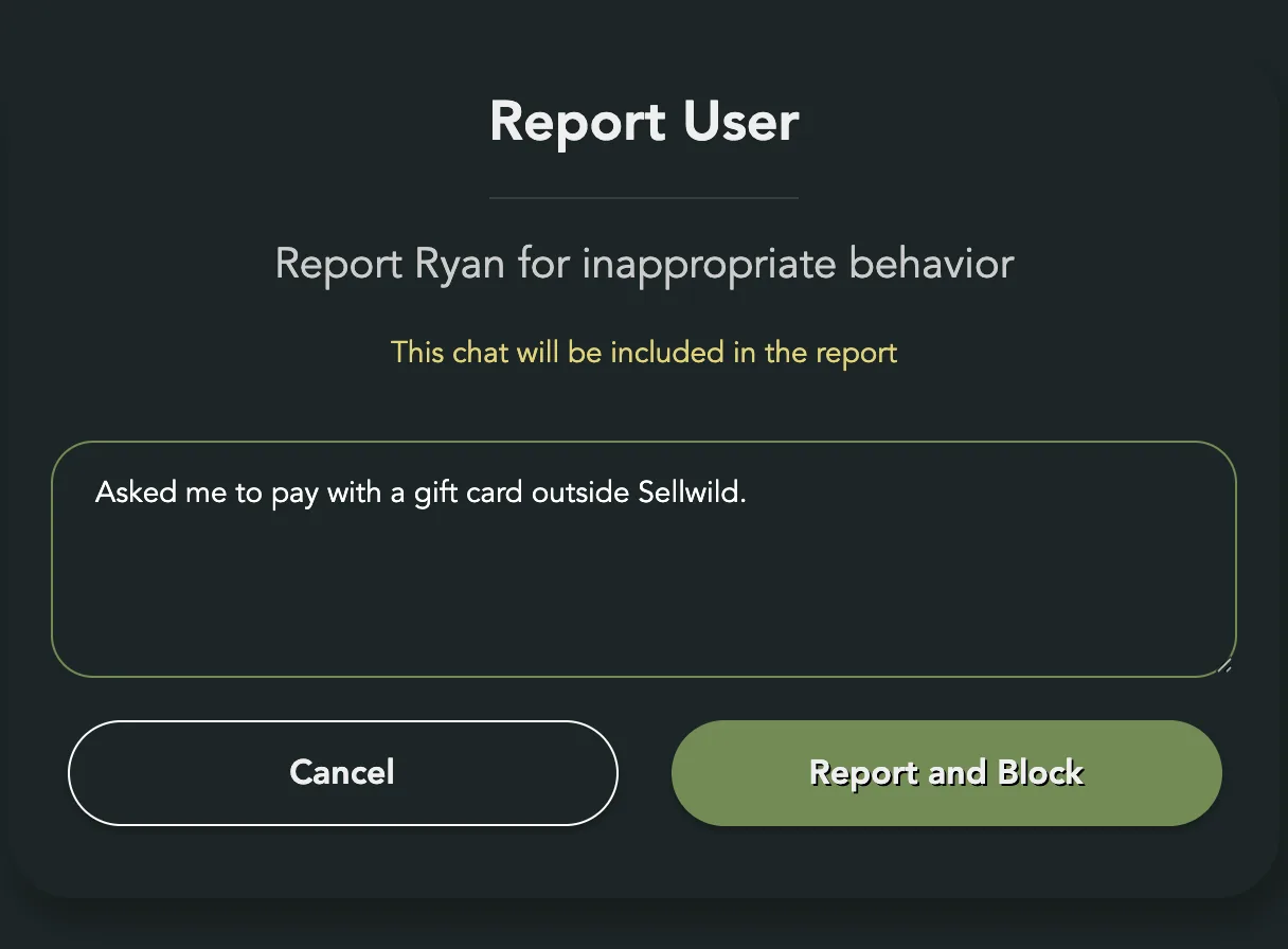 The Report User window with the issue typed in and the Report and Block button