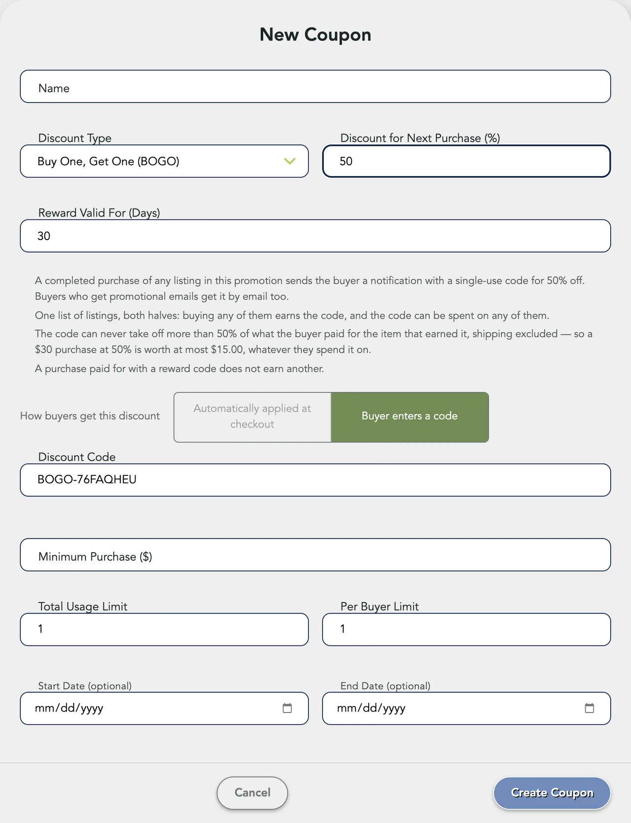 The New Coupon form set to Buy One, Get One (BOGO): Discount for Next Purchase 50, Reward Valid For 30 days, and the four rules listed below