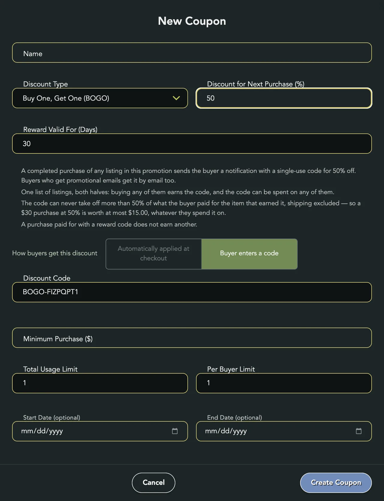 The New Coupon form set to Buy One, Get One (BOGO): Discount for Next Purchase 50, Reward Valid For 30 days, and the four rules listed below