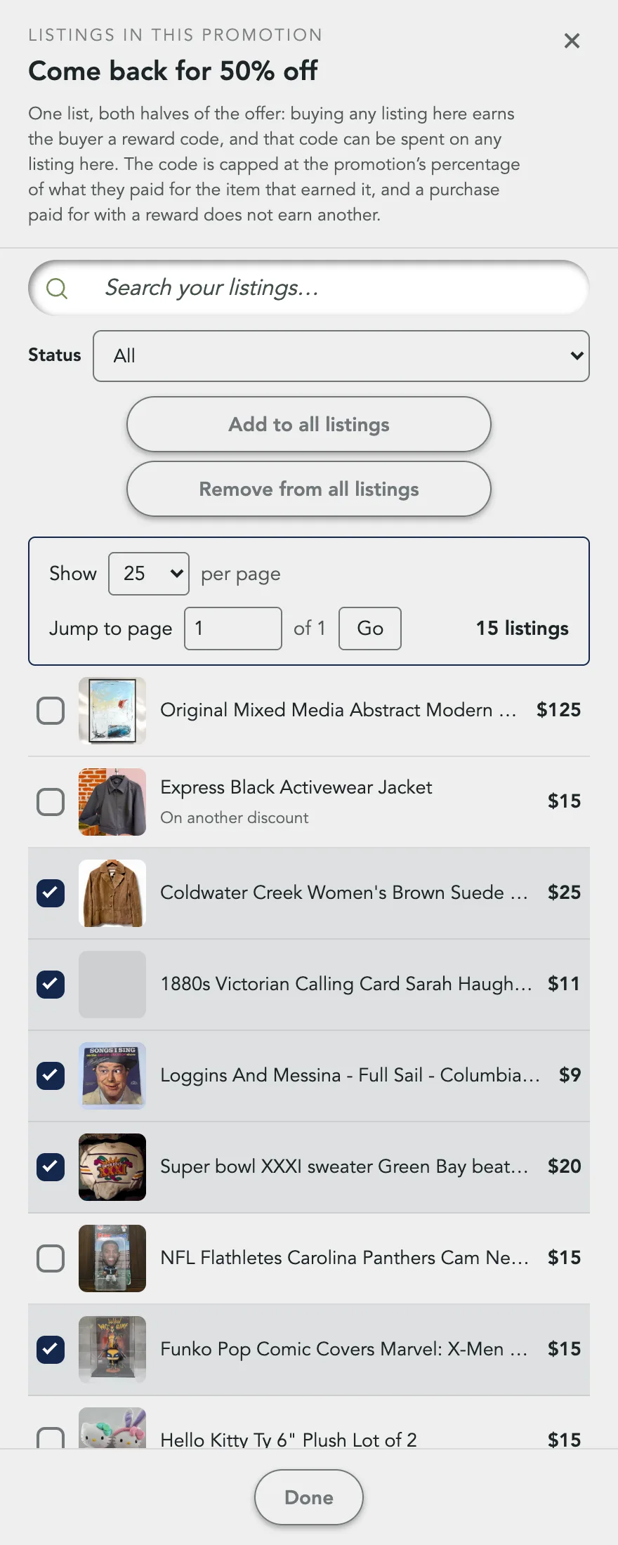 The Listings in this promotion panel for Come back for 50% off, with the note that one list carries both halves of the offer