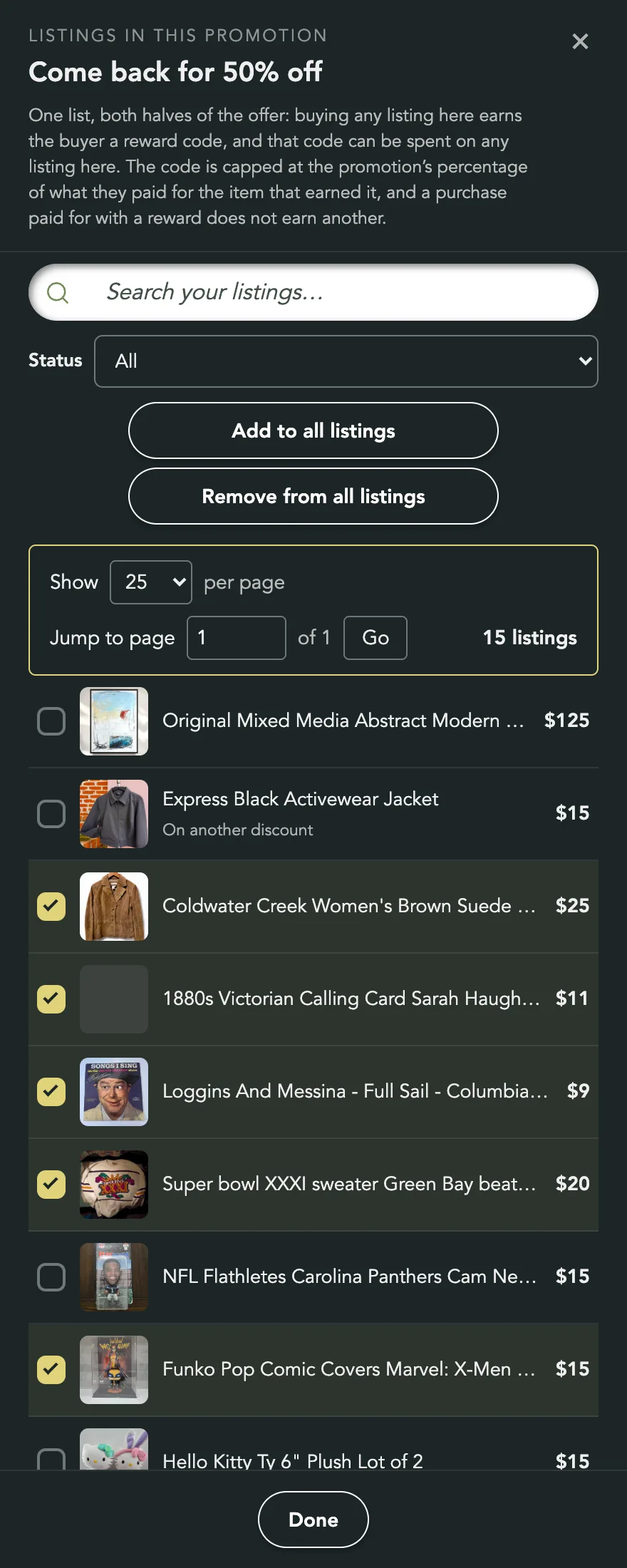 The Listings in this promotion panel for Come back for 50% off, with the note that one list carries both halves of the offer