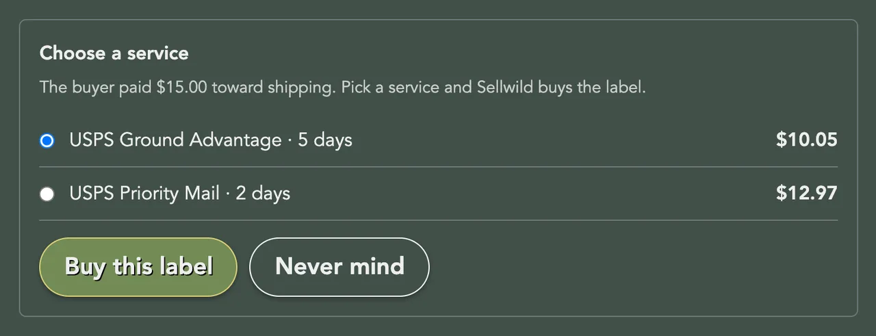 Choose a service: the USPS services that cost no more than the $15.00 the buyer paid