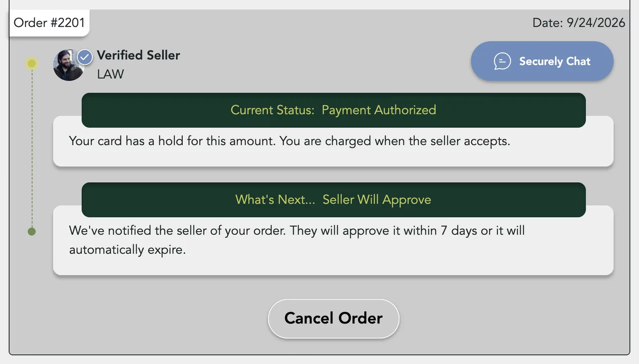 An order reading Payment Authorized, with What's Next: Seller Will Approve and the Cancel Order button