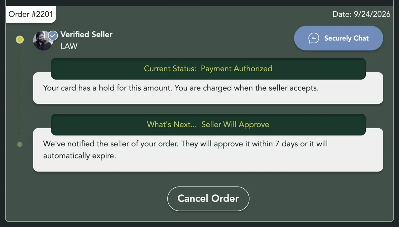 An order reading Payment Authorized, with What's Next: Seller Will Approve and the Cancel Order button