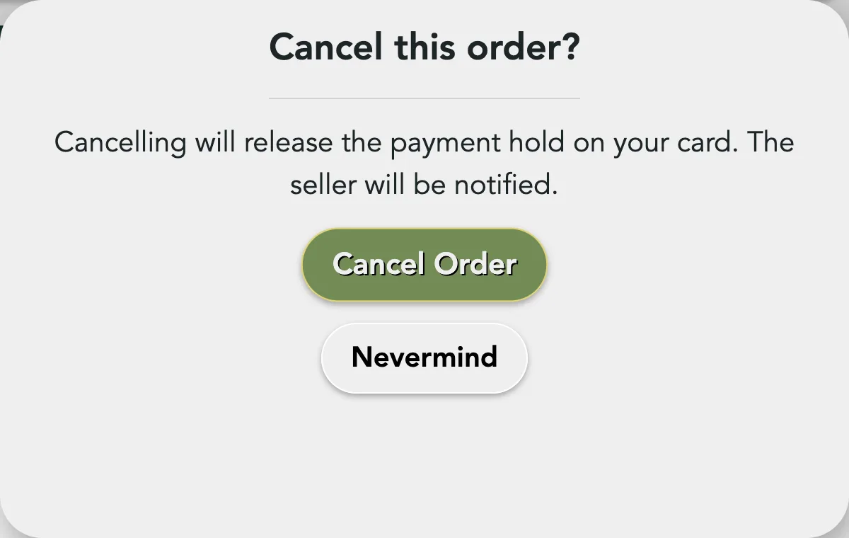 The Cancel this order? box with Cancel Order and Nevermind