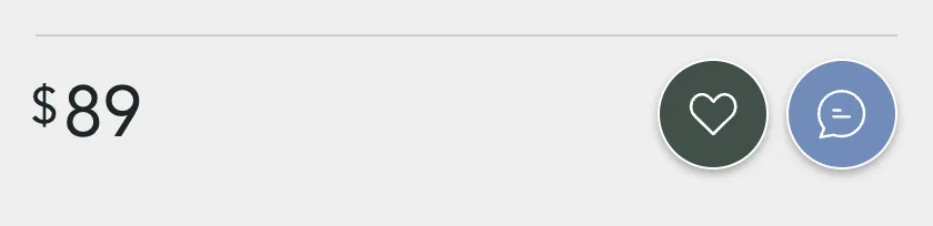 A listing's price line, with the heart and the chat button beside it