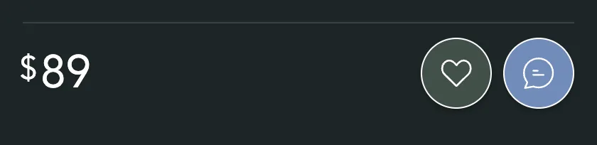 A listing's price line, with the heart and the chat button beside it