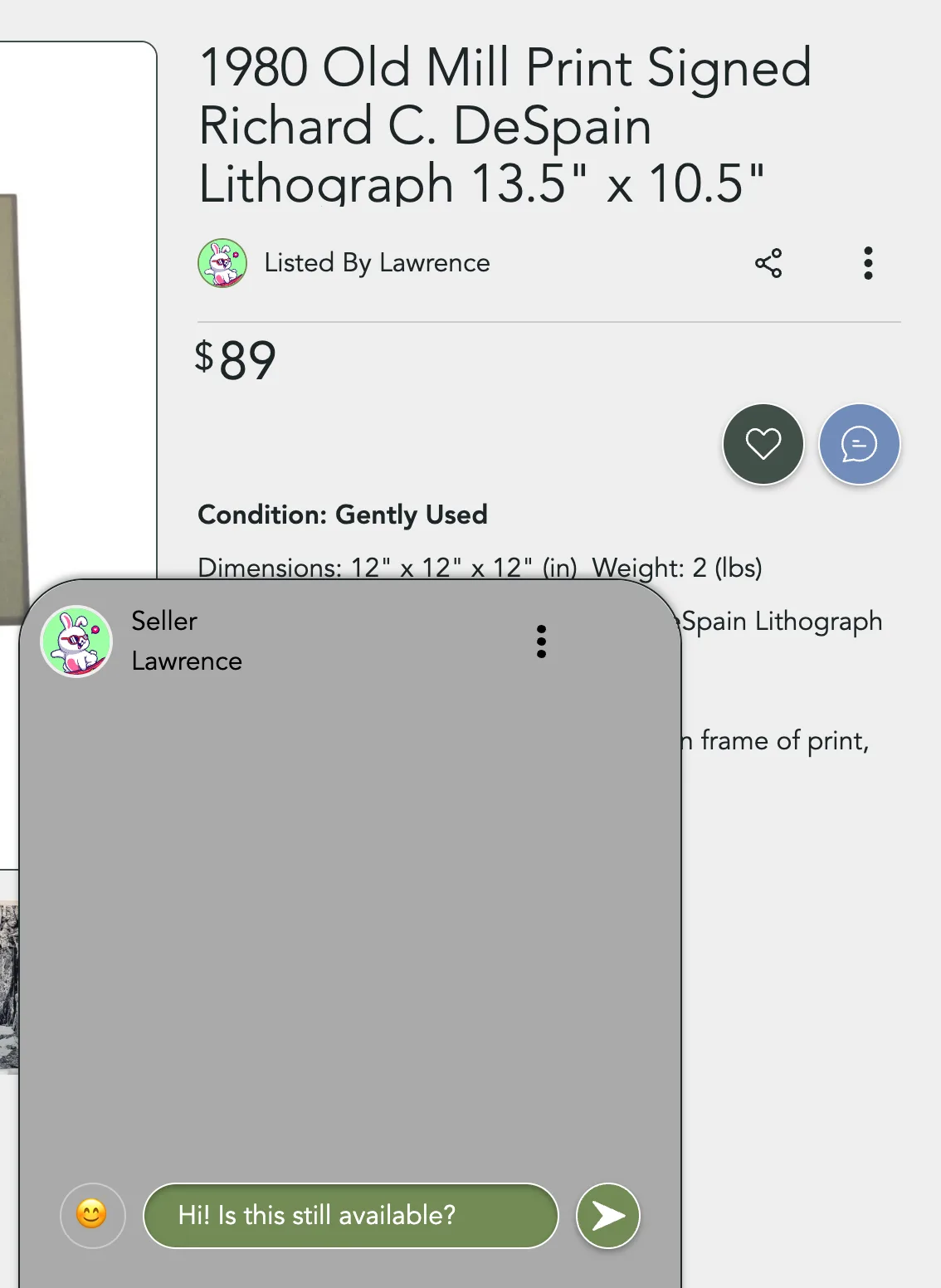 The chat window open on a listing, with a question typed in