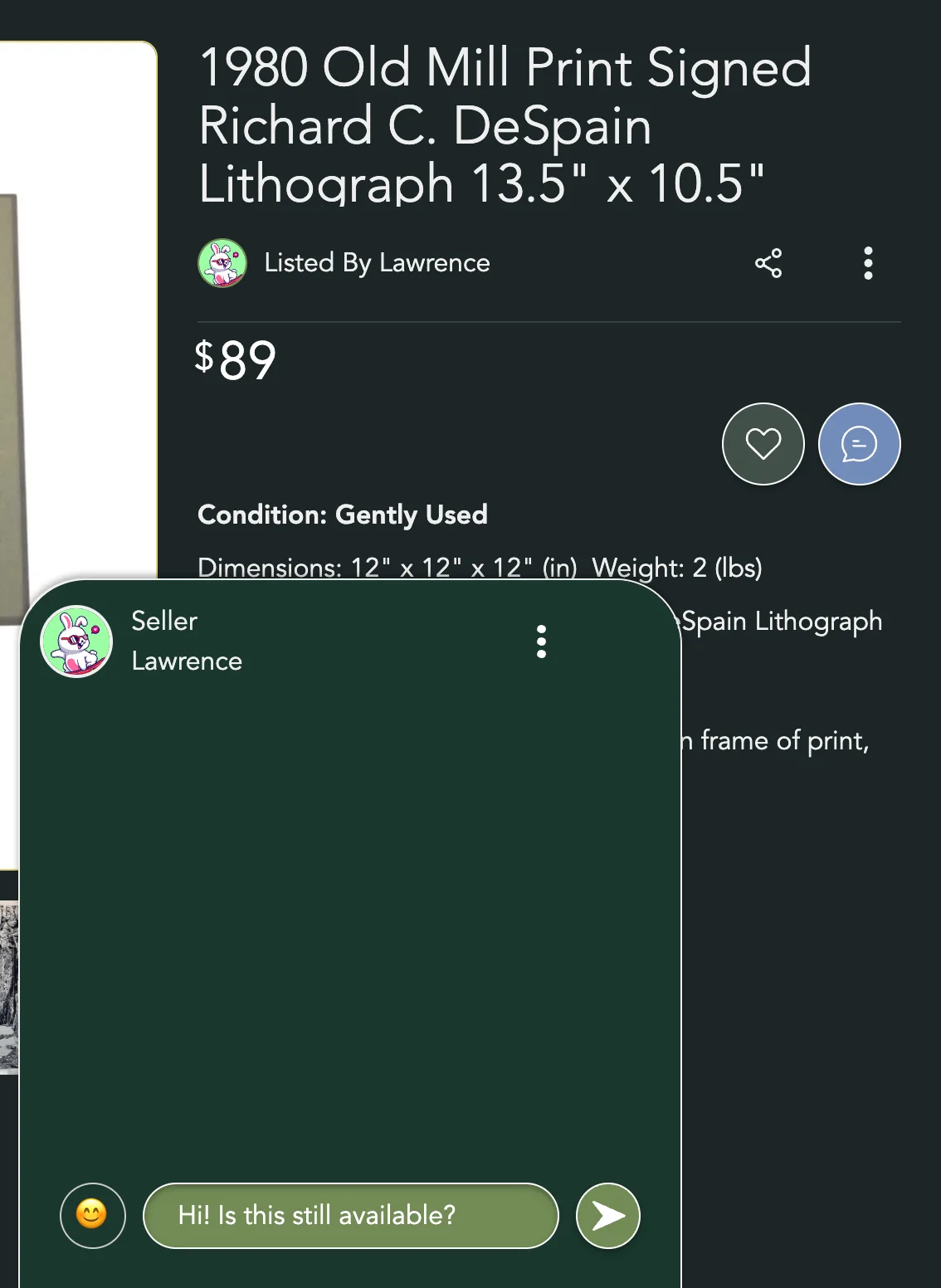 The chat window open on a listing, with a question typed in