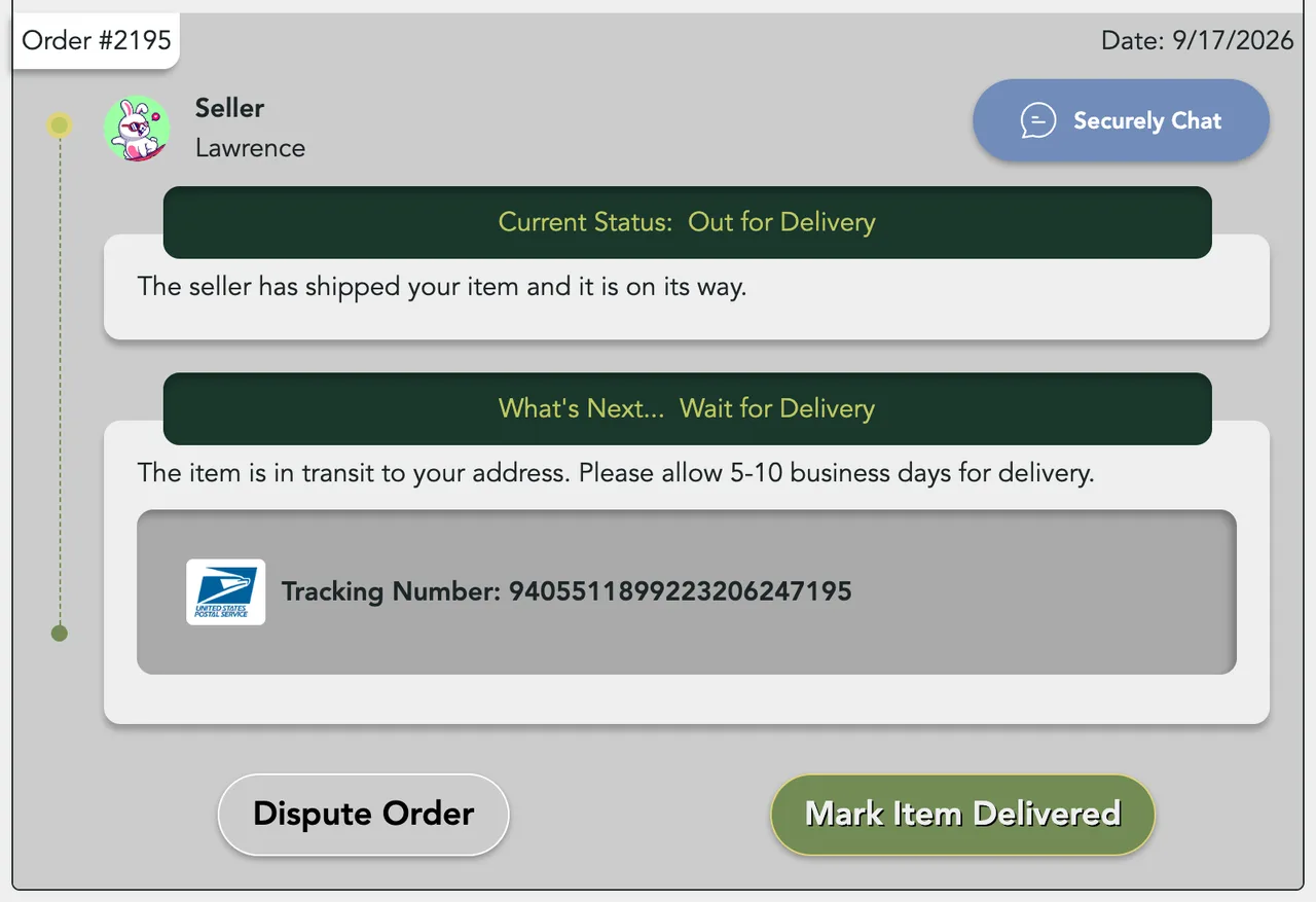 The Securely Chat button on an order in My Purchases