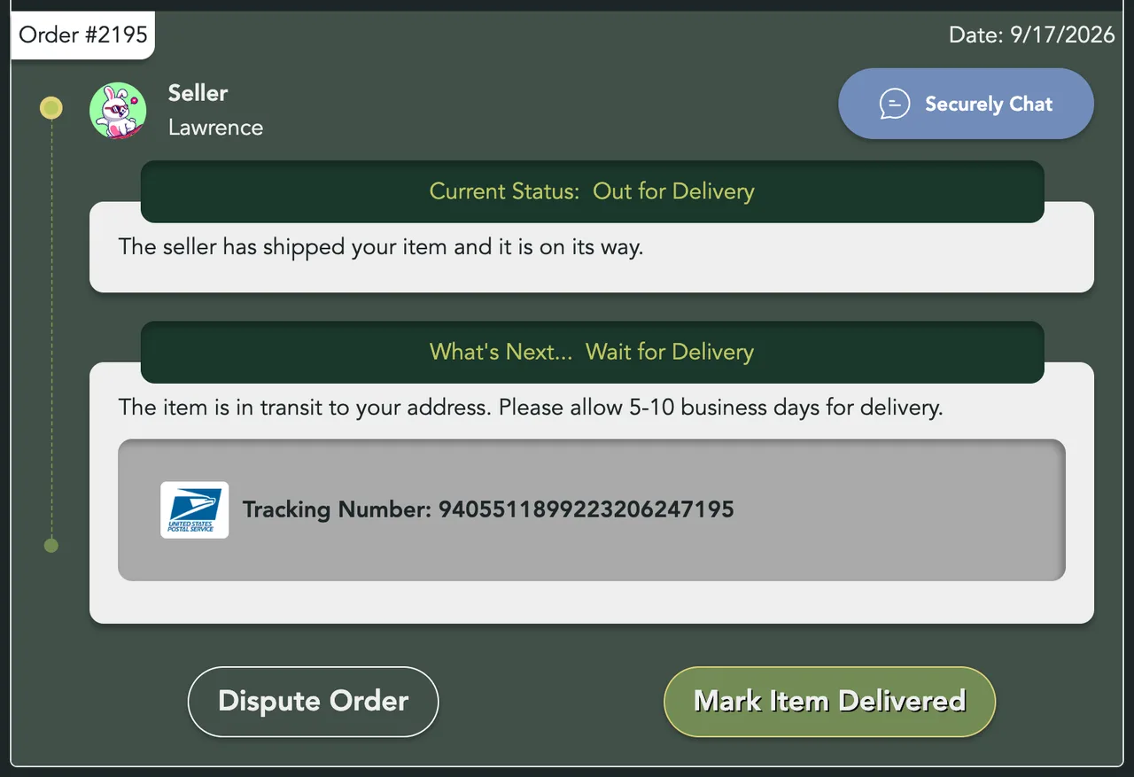The Securely Chat button on an order in My Purchases