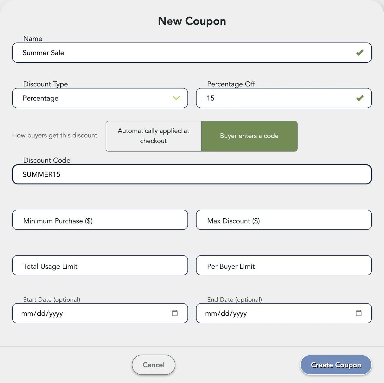 The New Coupon form: Name Summer Sale, Percentage, 15, Buyer enters a code picked, and SUMMER15 in Discount Code