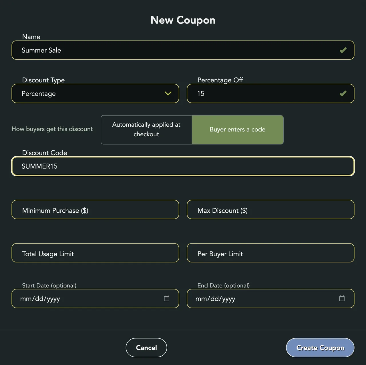 The New Coupon form: Name Summer Sale, Percentage, 15, Buyer enters a code picked, and SUMMER15 in Discount Code