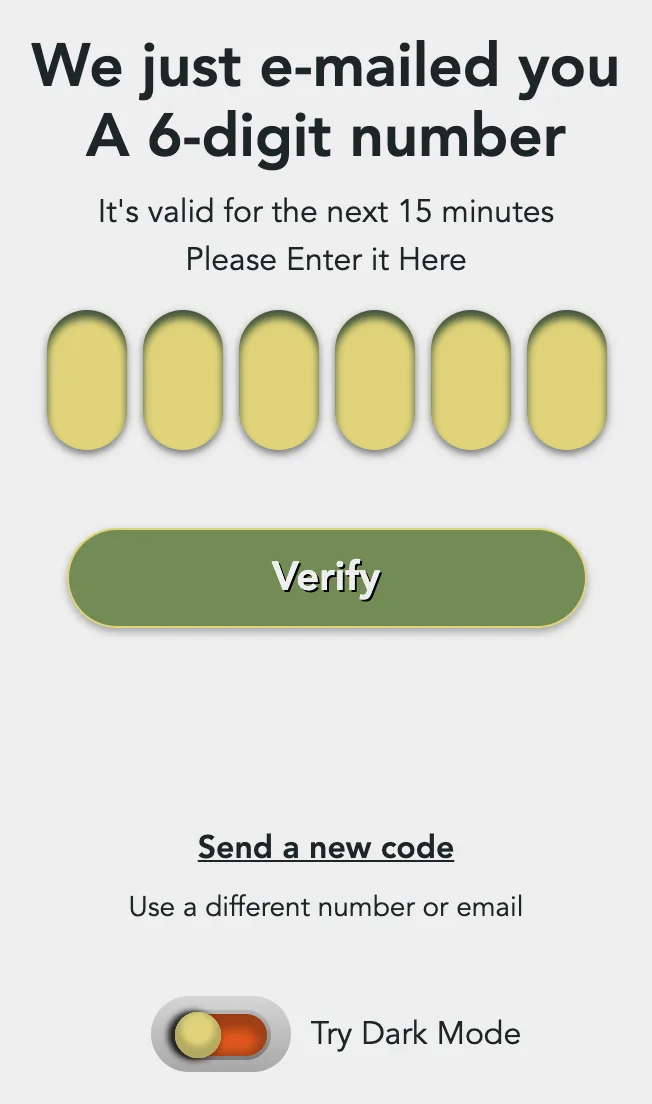The code step: We just e-mailed you, A 6-digit number, six empty boxes, the Verify button and Send a new code