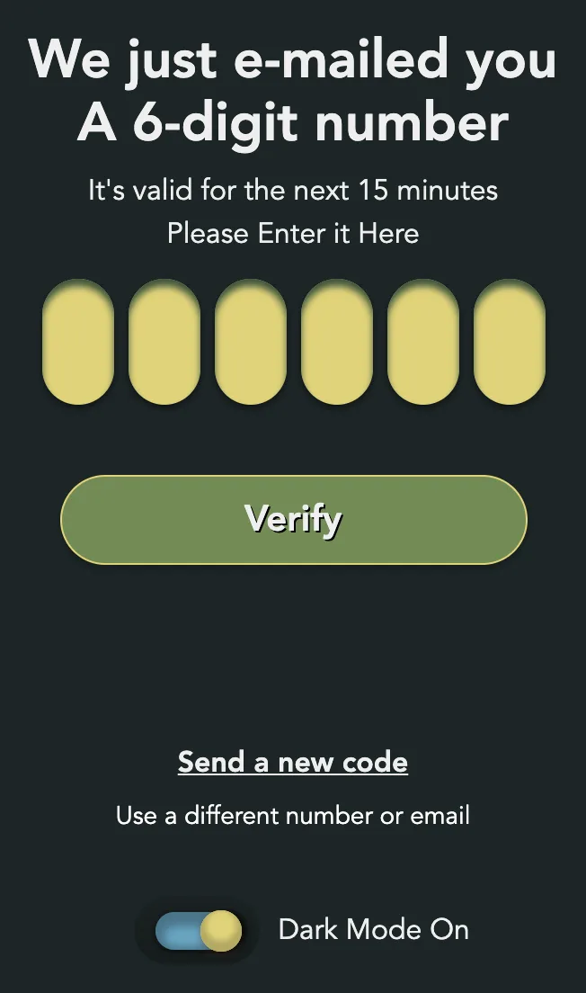 The code step: We just e-mailed you, A 6-digit number, six empty boxes, the Verify button and Send a new code