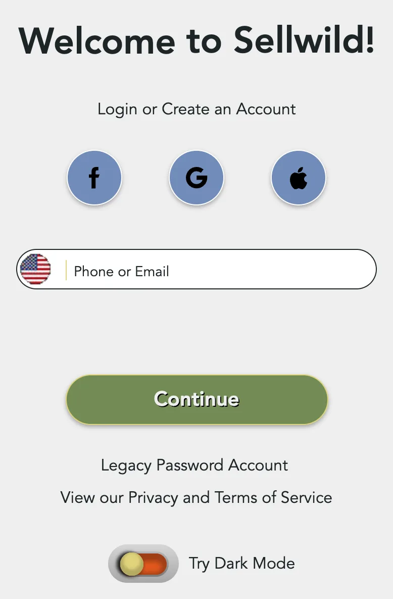The Welcome to Sellwild! box: the Facebook, Google and Apple buttons, the Phone or Email field and Continue