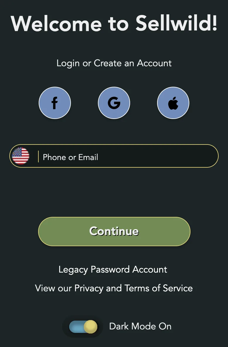 The Welcome to Sellwild! box: the Facebook, Google and Apple buttons, the Phone or Email field and Continue