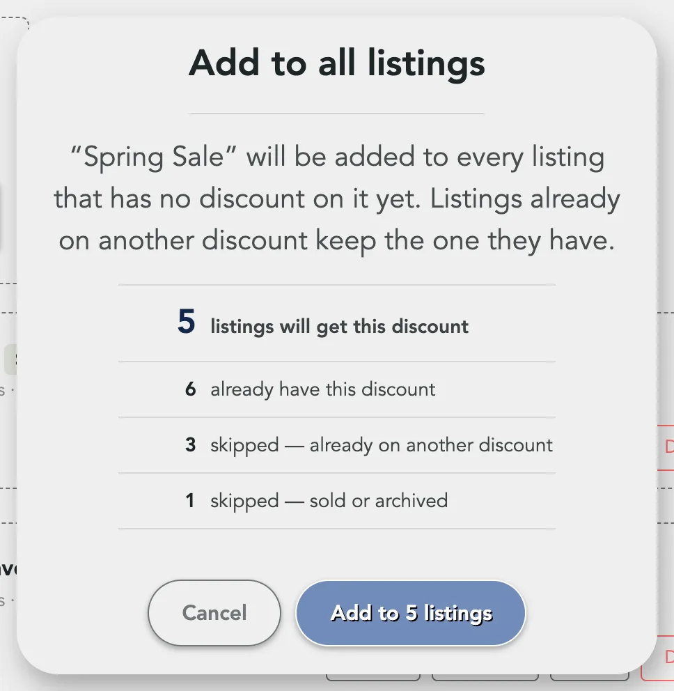 The Add to all listings sheet: listings that will get this discount, already have it, skipped for another discount, skipped as sold or archived