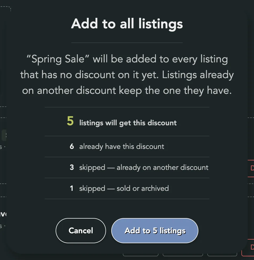 The Add to all listings sheet: listings that will get this discount, already have it, skipped for another discount, skipped as sold or archived