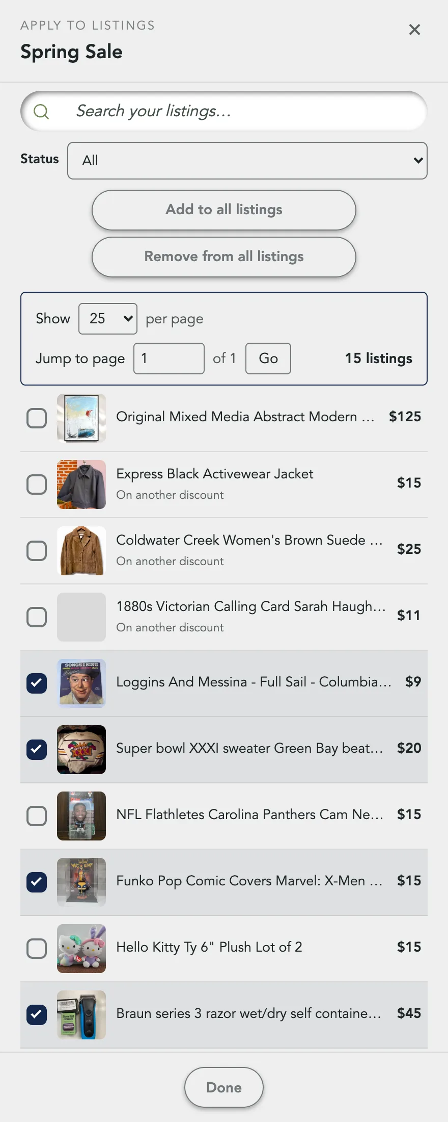 The Apply to listings panel for Spring Sale: the search box, the Status menu, Add to all listings and Remove from all listings, and ticked rows
