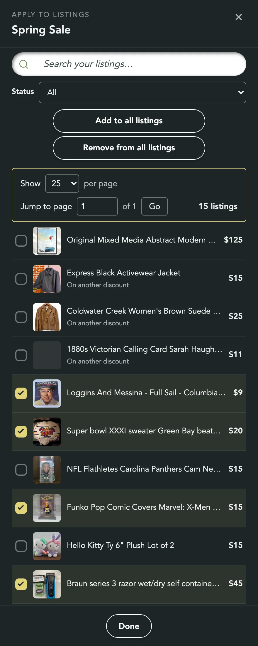 The Apply to listings panel for Spring Sale: the search box, the Status menu, Add to all listings and Remove from all listings, and ticked rows
