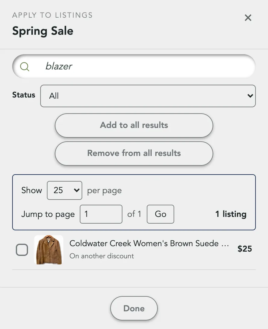 A search for blazer in the panel, with the buttons now reading Add to all results and Remove from all results