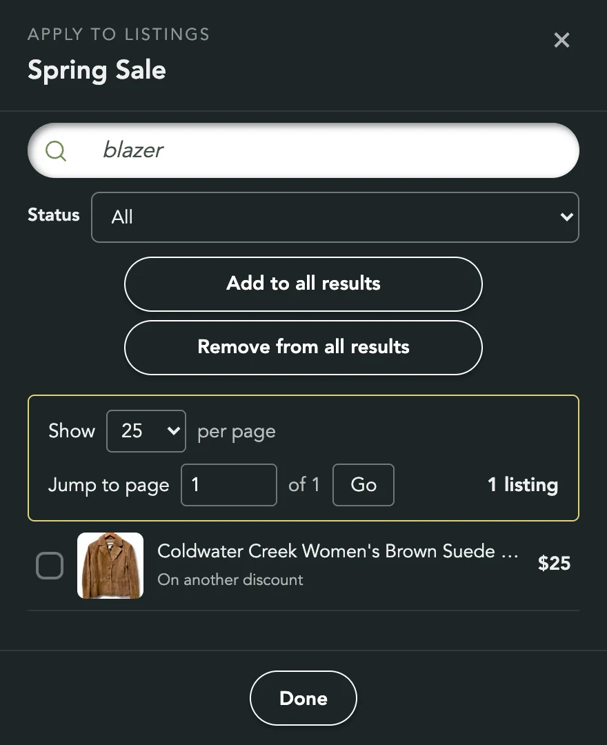 A search for blazer in the panel, with the buttons now reading Add to all results and Remove from all results