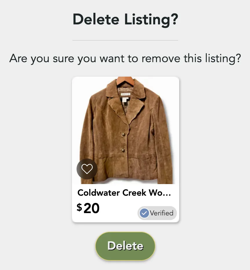 The Delete Listing? popup: the question, the item's photo and price, and a Delete button