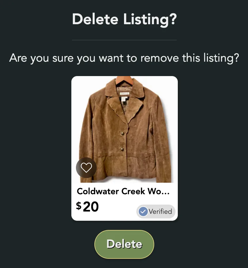 The Delete Listing? popup: the question, the item's photo and price, and a Delete button