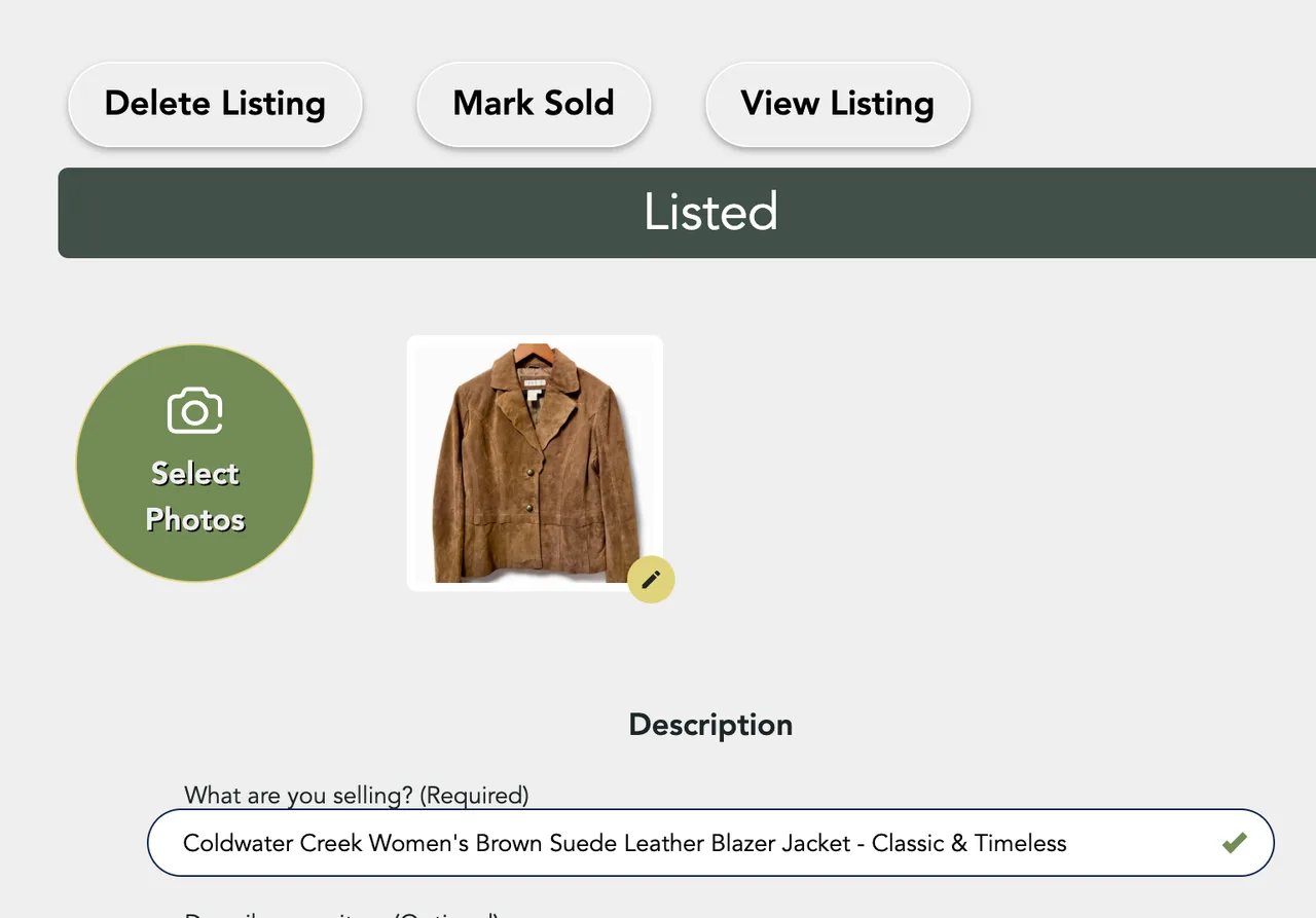Edit Listing with Delete Listing, Mark Sold and View Listing above the status tag and photos