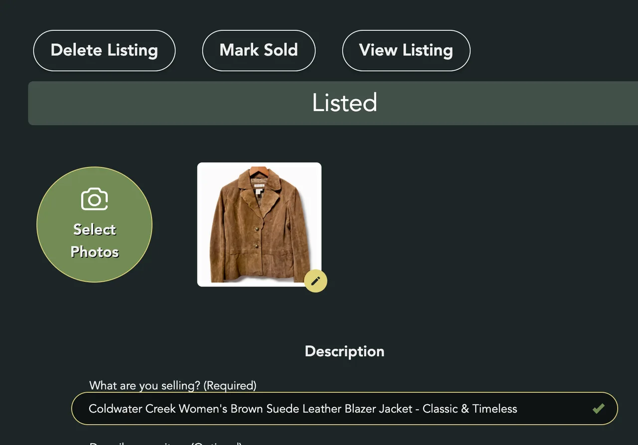 Edit Listing with Delete Listing, Mark Sold and View Listing above the status tag and photos