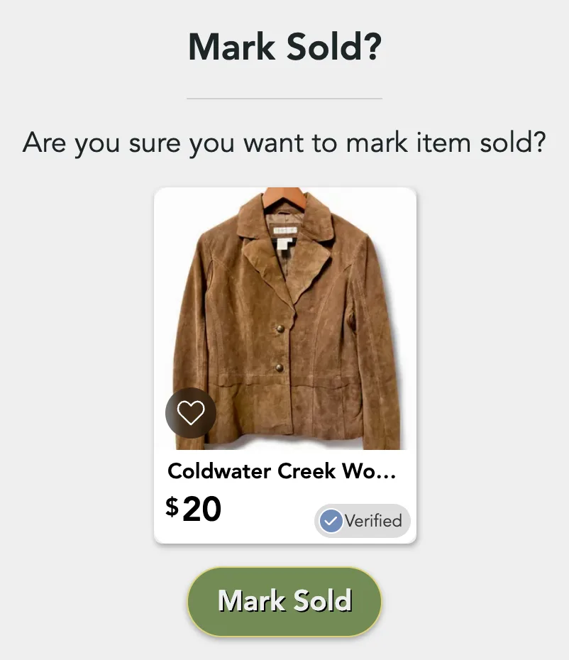 The Mark Sold? box with the listing's card and a Mark Sold button
