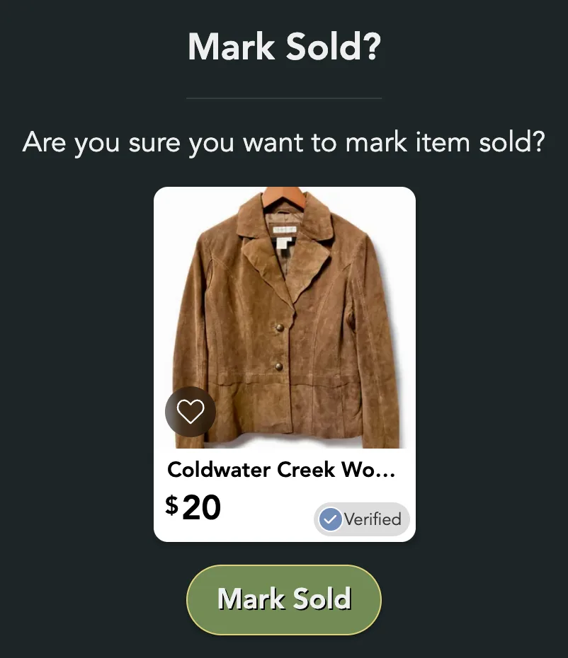 The Mark Sold? box with the listing's card and a Mark Sold button