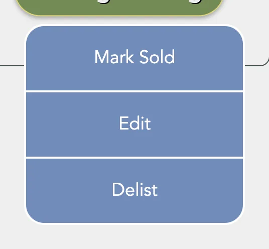 The menu that drops from the button on a live listing, with three items