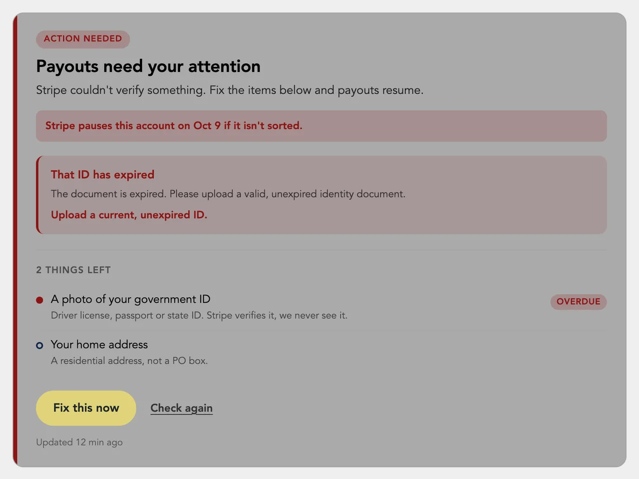 An expired ID flagged, with the pause date