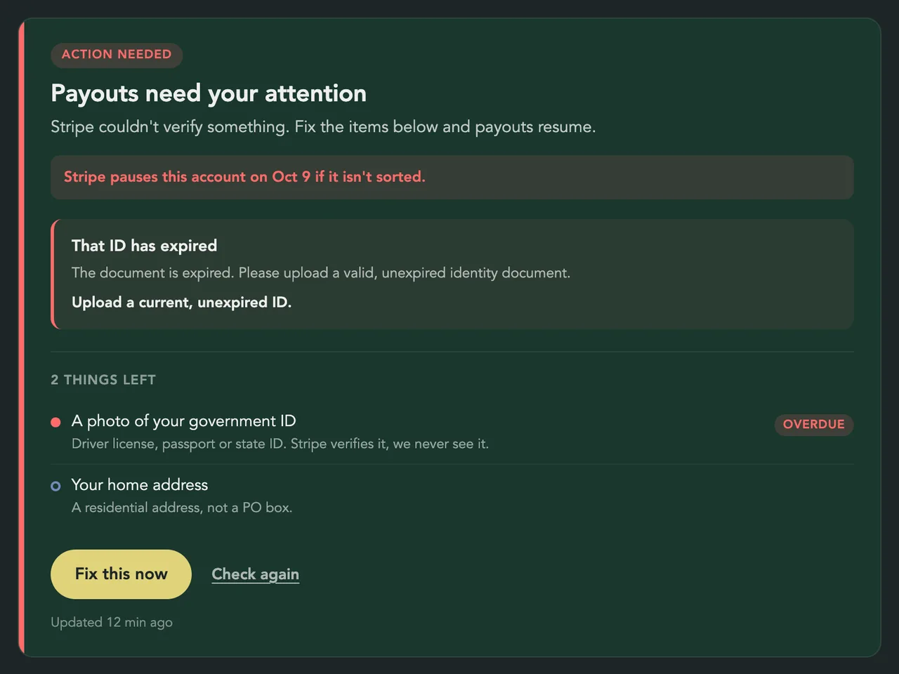 An expired ID flagged, with the pause date