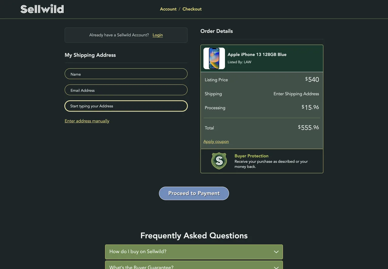 The guest form: Name, Email Address and Address, with Login at the top
