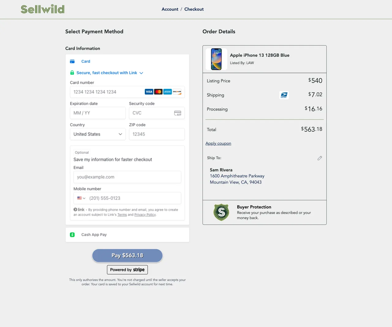 Card opened under Select Payment Method, beside the order details, with the Pay button