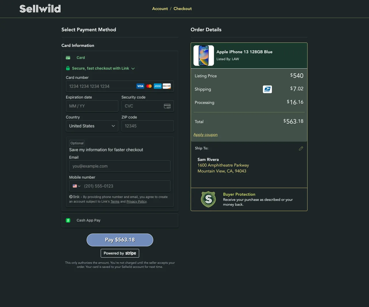 Card opened under Select Payment Method, beside the order details, with the Pay button