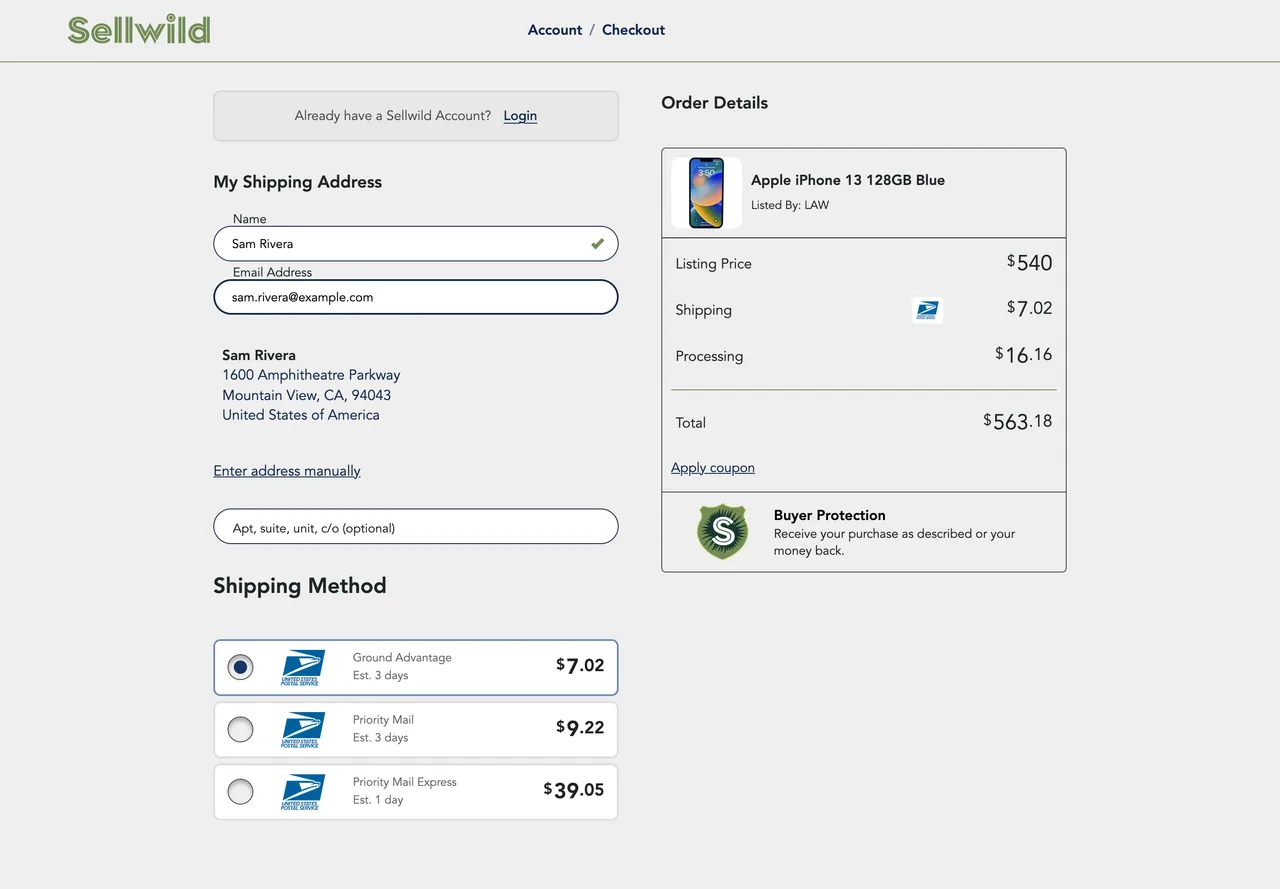 A full address with USPS rates under Shipping Method