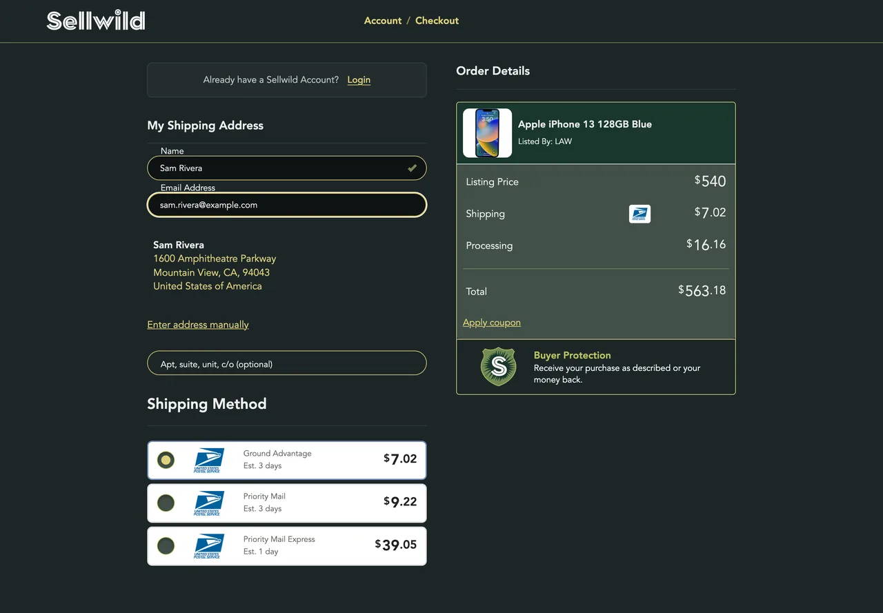 A full address with USPS rates under Shipping Method