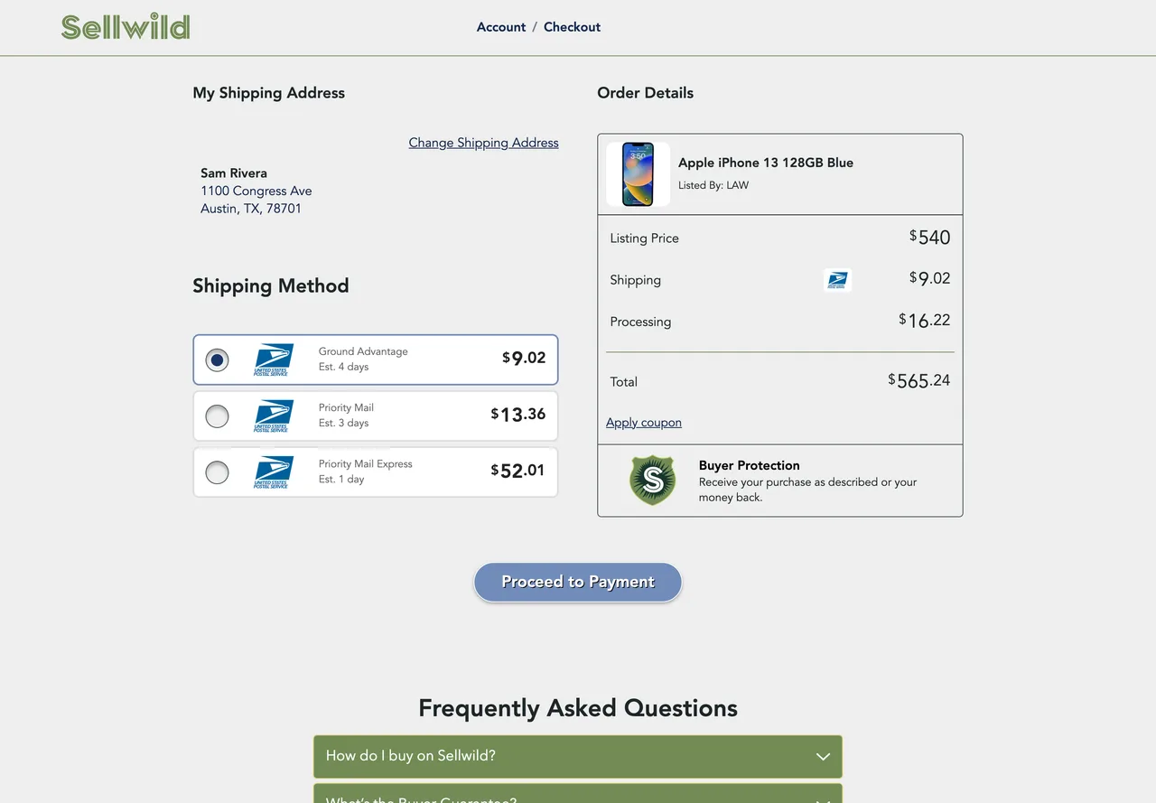 Step one of checkout for an iPhone, with rates from USPS